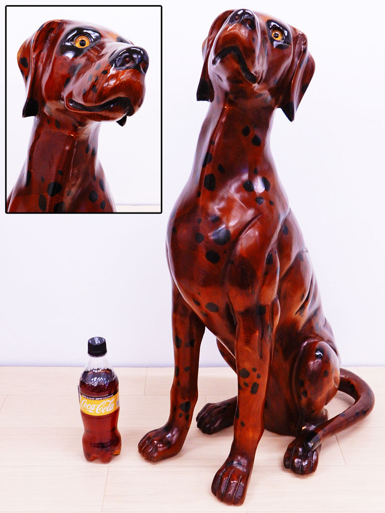 【正規店得価】♯◎ 大型 木製 ダルメシアン 犬のオブジェ 全高約74cm 重量約10.8kg 大型犬 木彫り像 木彫り人形 彫像 置物 ウッドアニマル オブジェ