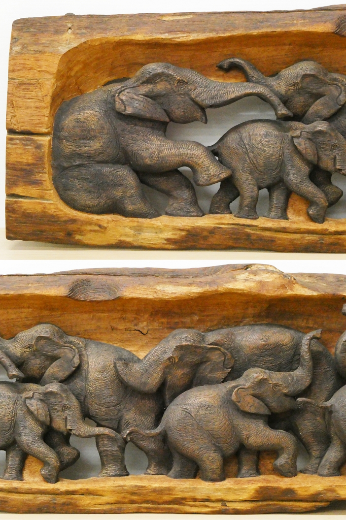 大型 木彫りレリーフ ゾウ 壁掛け - インテリア雑貨/小物