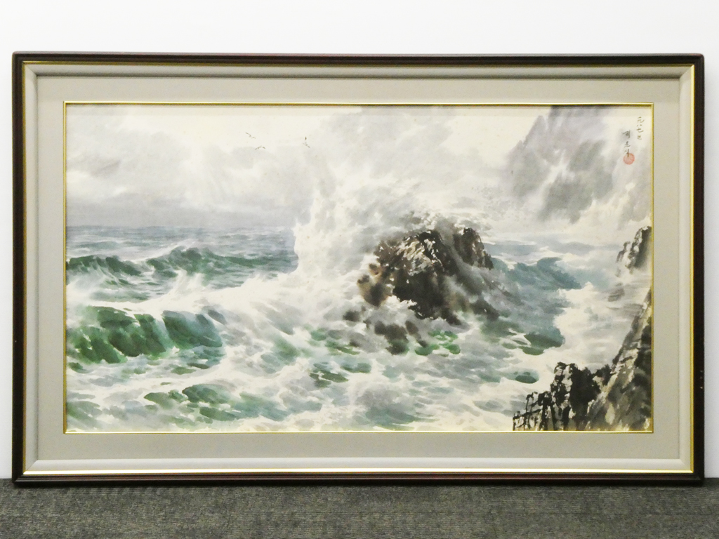 ♯2) 超貴重 北朝鮮画家 キム・ユンソク 海図 肉筆 彩色 水墨画 紙本